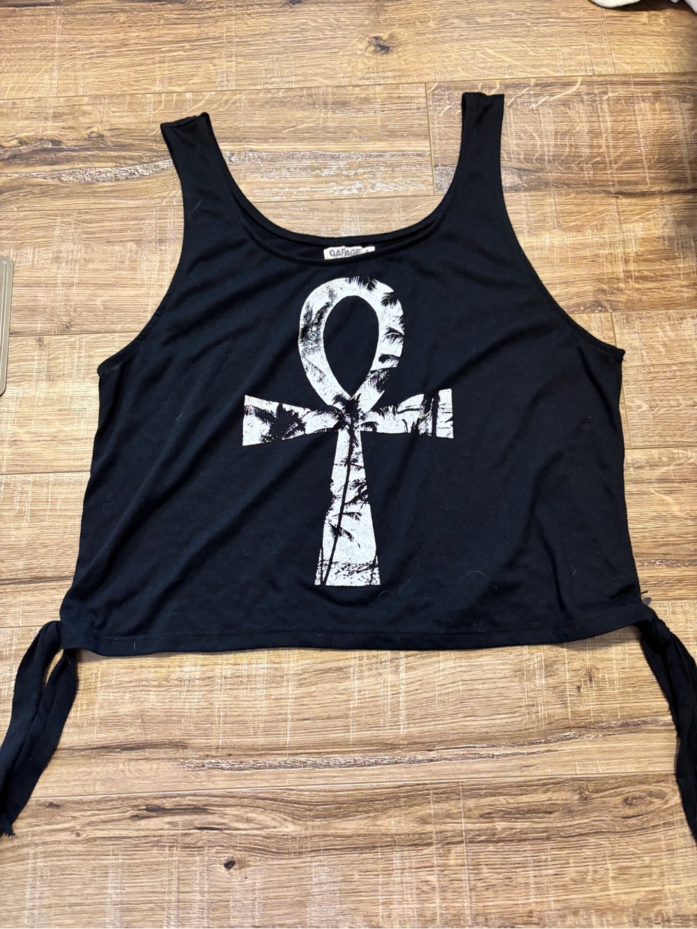 Garage Black Graphic Crop Tank Top with Side Ties